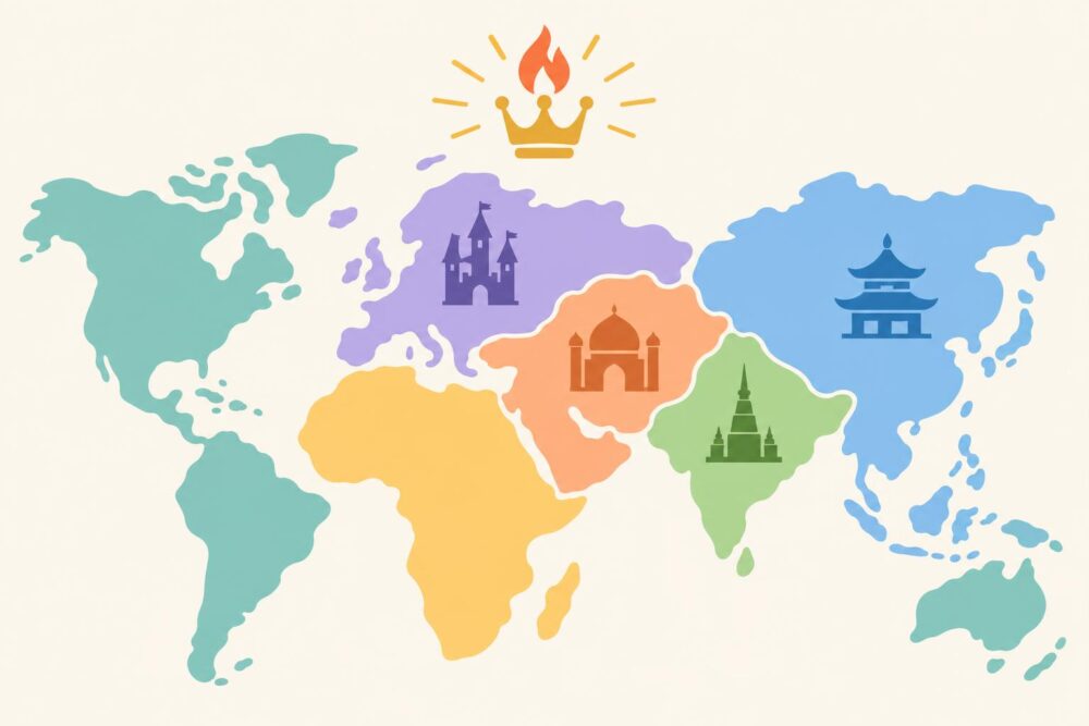 ヨーロッパ編・中東編・インド編・中国編など、地域ごとに色分けされた世界地図のイメージ図