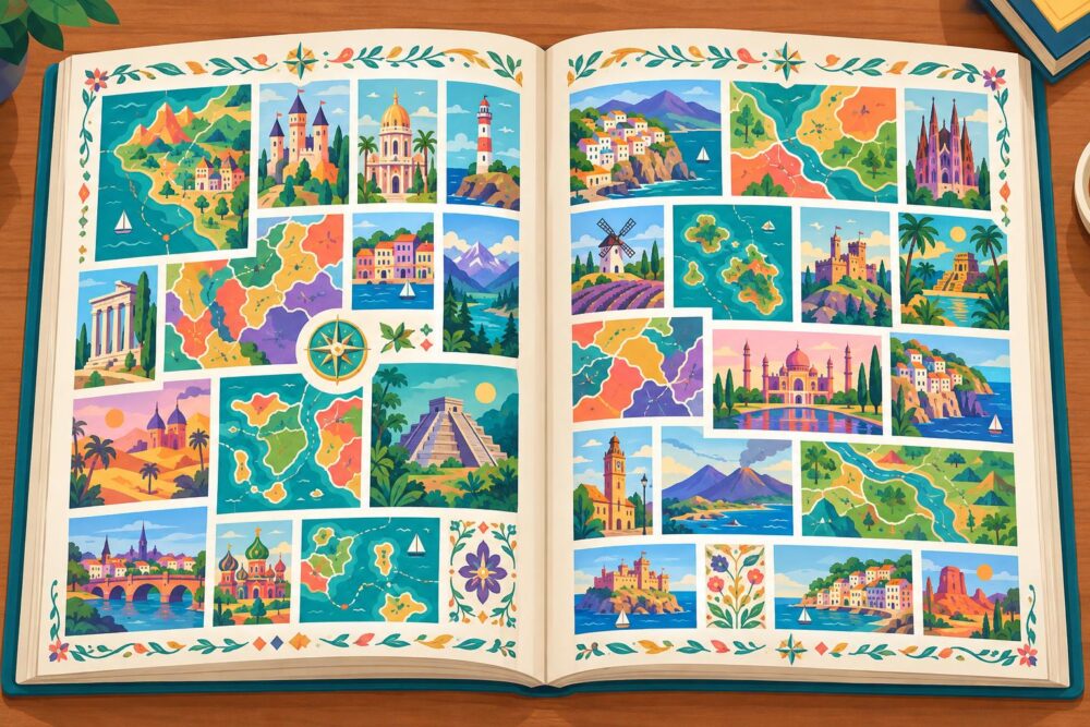 カラフルな地図やイラストが数多く並ぶ、ビジュアル重視の紙面イメージ