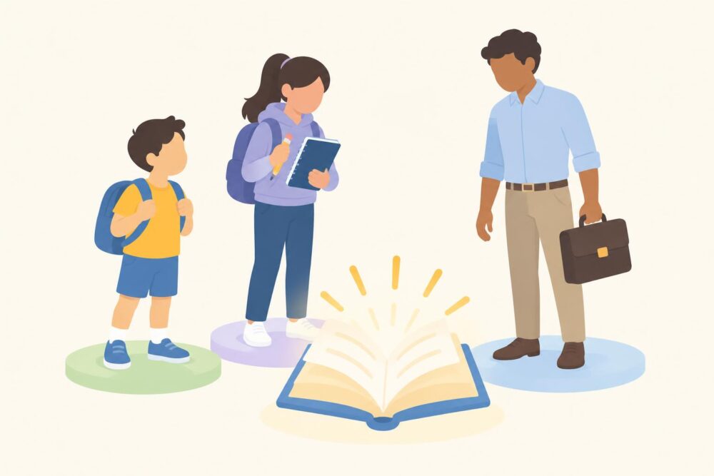 子どもから受験生、学び直したい社会人まで、幅広い読者を表したイラスト