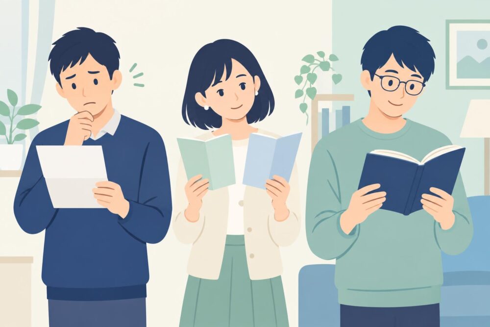 請求書を見て悩む人、パンフレットを見比べる人、本を読む人の3人を描いたイラスト