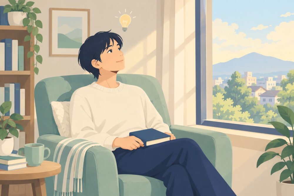 本を手に窓辺のソファで考えをめぐらせる人のイラスト
