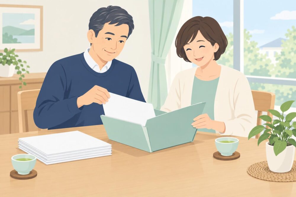 整理した書類をファイルにしまい、笑顔を見せる夫婦のイラスト
