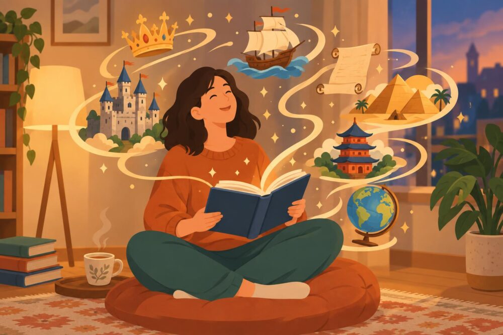 本を読む人のまわりに王冠や城、帆船、ピラミッドなどが浮かび上がる、歴史を楽しむ様子のイラスト
